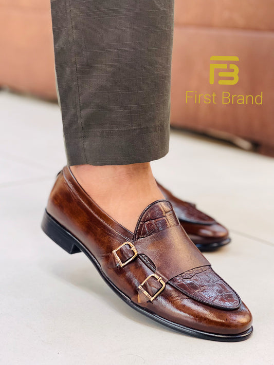 C028-Double Monk strap Brown Crocodile